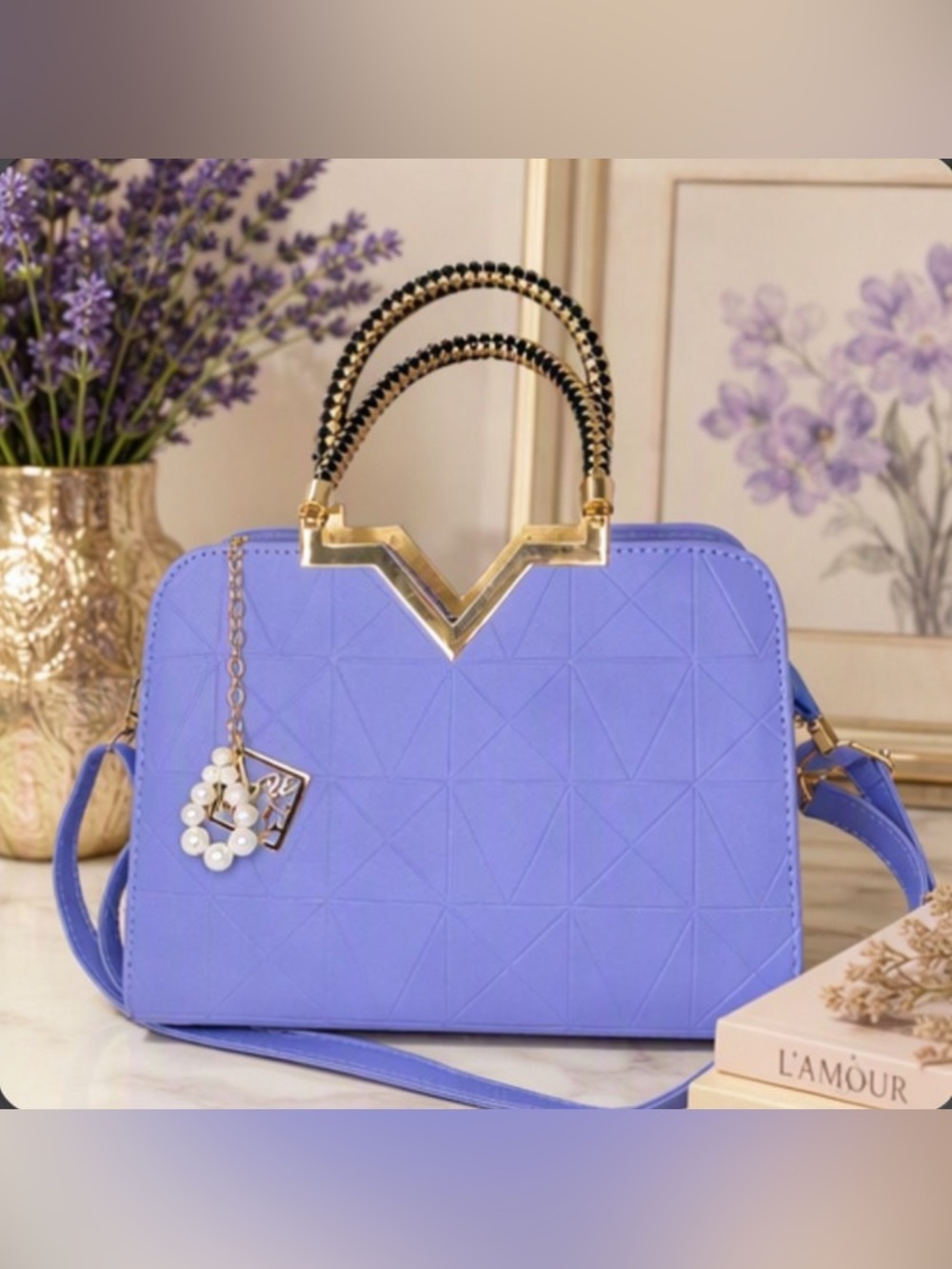 🌷 Light Blue Geometric Print Convertible Crossbody Handbag Gold & Pearl Accent 🌷